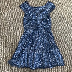 Navy blue sequin mini dress.